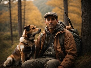 A man and his loyal dog in the wilderness, signifying companionship, adventure, and the primal joy of hunting in the serene outdoors.