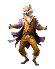 An anthropomorphic fox in a bright purple cloak and yellow trousers, with outstretched arms and a joyful facial expression. Anthropomorphic animals