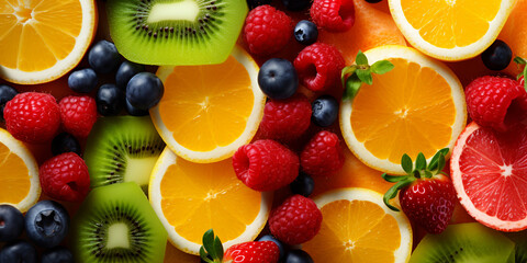 Fresh fruits background, assorted diced colorful fruits. ai generative