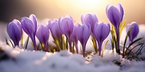 Spring's Awakening Elegance - Purple Crocus Flowers Emerging from Snow, Greeting the Warm Gold Rays of Sunlight 