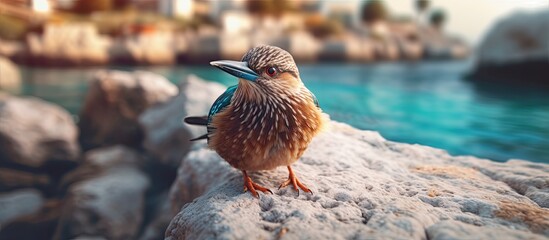 In Europe, by the beach, nestled among the natural rocks, a cute bird with mesmerizing eyes and colorful feathers poses for a portrait, embodying the beauty of nature and the enchanting environment of - obrazy, fototapety, plakaty