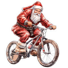 Santa Claus on a bicycle clipart, spreading Christmas cheer by delivering gifts to children during the winter holiday season. PNG transparent.