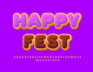 Vector sweet poster Happy Fest. Violet glazed Font. Cake Alphabet Letters and Numbers set