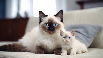 Fototapeta premium Siamese mother cat with azure eyes, thick light brown-white fur and mustache with her little kittens lying comfortably on the couch in the bright living room.
