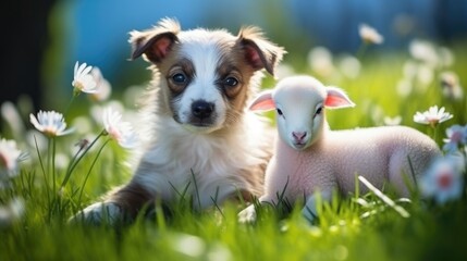 Naklejka na ściany i meble White-brown puppy with little cute sheep lying together on the green grass.