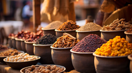 Traditional spices and dry fruits in local bazaar in India. ai generative - obrazy, fototapety, plakaty