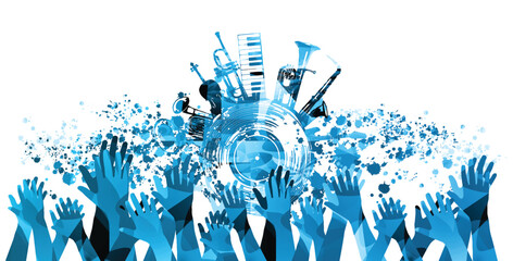 Music background with colorful musical notes staff and hands vector illustration design. Artistic music festival poster, live concert events, party flyer, music notes signs and symbols	 - 680238534