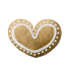 Gingerbread heart cookie. Traditional Christmas cookies. Watercolor illustration isolated on white background