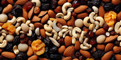 nuts and dried fruits background. ai generative
