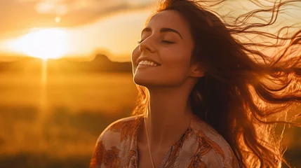 Fotobehang Strand zonsondergang Backlit Portrait of calm happy smiling free woman with closed eyes enjoys a beautiful moment life on the fields at sunset photography