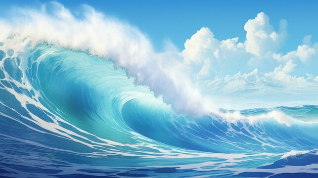 Banner with giant ocean surf wave on a sunny day. Seascape illustration with stormy sea, turquoise water with white foam and splashes, blue sky with clouds. photography