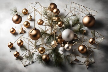 Generate a detailed top-down view of a modern and minimalist Christmas tree, where sleek metallic ornaments and geometric shapes create a contemporary holiday centerpiece