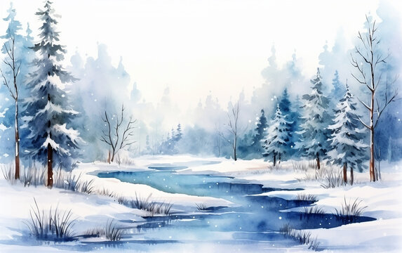 Paisagem de inverno em aquarela desenhada &agrave; m&atilde;o. Elementos do vetor de Natal para cartaz, cart&otilde;es, panfleto