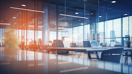 Beautiful blurred background of a light modern business office interior with panoramic windows and bright lighting	