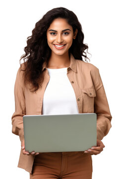 Portrait of a happy beautiful indian woman smiling and holding a laptop isolated on transparent background. png