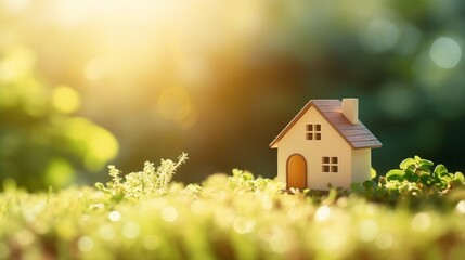 Copy space of home and life concept. Small model home on green grass with sunlight abstract background. photography