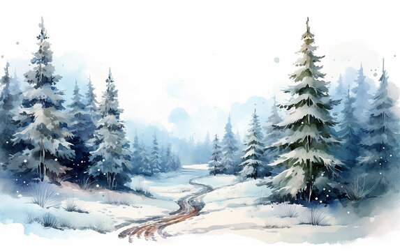 Paisagem de inverno em aquarela desenhada &agrave; m&atilde;o. Elementos do vetor de Natal para cartaz, cart&otilde;es, panfleto