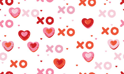 Hugs and kisses abbreviation and hearts seamless pattern. Xoxo gentle pink background. Love relationship Valentines Day design. Vector illustration - obrazy, fototapety, plakaty