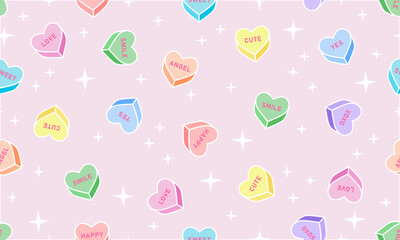Seamless pattern with sweet heart candy. Sweetheart candies background, conversation sweets for valentines day, valentine sugar food hearts. Heart shape message letter candy background - 680239971