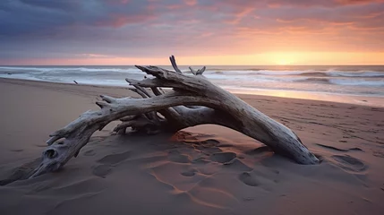 Fotobehang  Driftwood lying on sandy coastal beach at sunset photography © sania