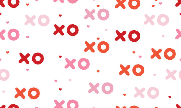 Hugs and kisses abbreviation and hearts seamless pattern. Xoxo gentle pink background. Love relationship Valentines Day design. Vector illustration