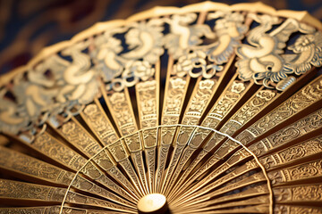 Intricate golden traditional hand fan close-up. Elegance and craftsmanship concept. Design for cultural event, poster, or title background