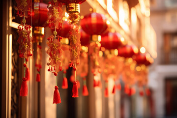 Row of red lanterns with tassels against a soft-focus urban backdrop. Festive street scene. Chinese...