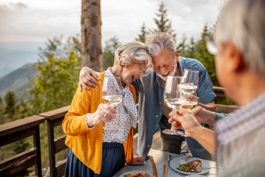 Happy senior people drinking wine with nature background