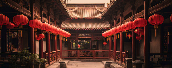 Panoramic view of an ancient corridor with hanging red lanterns. Asian and Chinese traditions. Lunar New Year. Design for cultural festivals, architectural studies, and historical retrospectives - obrazy, fototapety, plakaty