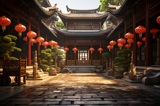 Sunlit traditional Chinese courtyard with red lanterns. Architectural harmony. Lunar New Year. Design for poster, travel brochures, or banner