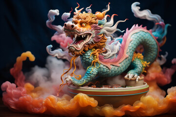 Fototapeta premium Vivid Chinese dragon statue amidst mystical colorful smoke. Traditional Asian sculpture art. Symbol of Lunar New Year. Design for cultural poster, festival banner, backdrop