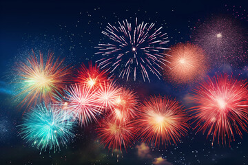 Fototapeta na wymiar Vibrant fireworks display illuminating the night sky. Celebration of Lunar New Year. Chinese traditions. Design for holiday background, invitation, or banner