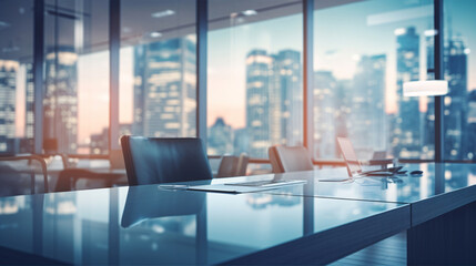 Beautiful blurred background of a light modern business office interior with panoramic windows and bright lighting	