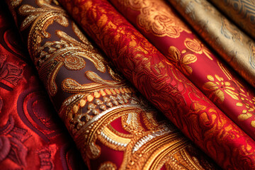 Luxurious rolls of fabric with intricate golden designs on a rich red background. Traditional ornamental textiles. Chinese pattern. Suitable for cultural events, fashion design, or banner