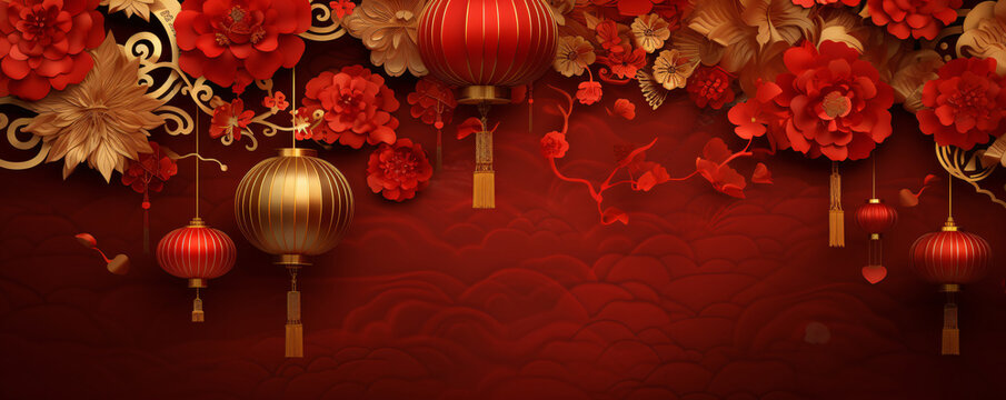 Richly decorated red background with hanging lanterns and flowers. Chinese and Asian celebrations. Festive and ornate atmosphere. Perfect for Lunar New Year poster, banner with free space for text