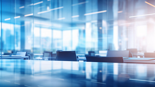 Beautiful blurred background of a light modern business office interior with panoramic windows and bright lighting	