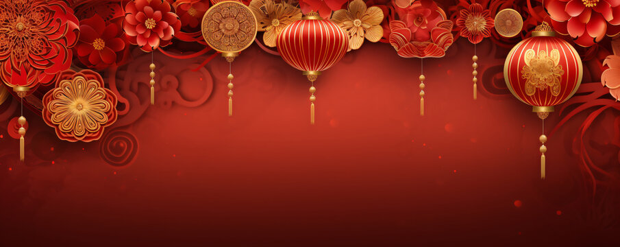 Festive panorama with red lanterns and flowers against deep red background. Traditional Asian and Chinese celebration. Suitable for Lunar New Year banner, header, or backdrop with free space for text