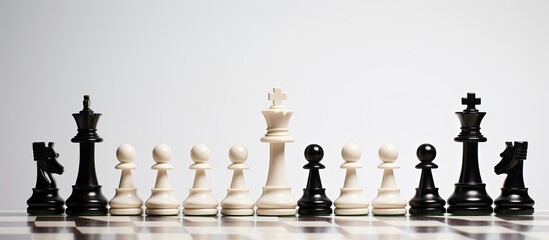 In a strategic battle on a chessboard, the white and black pieces stood tall, ready to compete in a game of wits; the king and queen being the strategic choices, while the knight made its move through