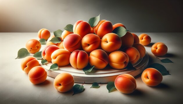 Surface covered with ripe Prunus armeniaca (apricots), some whole with leaves, showcasing their vibrant orange color.
