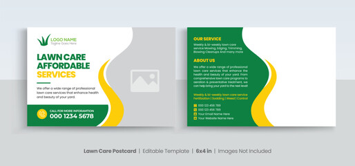 Lawn Mower Garden or Landscaping Service Postcard Template. Eddm Postcard Design, Event Card Design, Direct Mail Template, Invitation Design. leaflet, grass, equipment, gardener