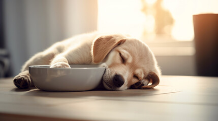 Cute little puppy fell asleep in a bowl close-up