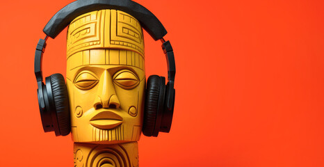 Sculpture with headphones on a red background