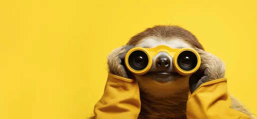 Fotobehang A cheerful sloth looks through binoculars on a yellow background. Banner, copyspace © Daria17