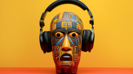 Sculpture with headphones on an orange background