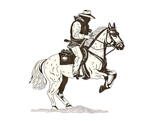 Obraz na płótnie Canvas A Man Riding A Horse - a cowboy riding a horse one color wood cut prin