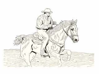 A Man Riding A Horse - a cowboy riding a horse one color wood cut prin