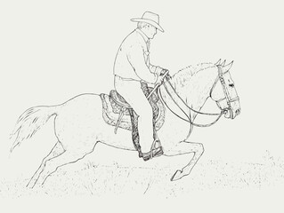 A Drawing Of A Man Riding A Horse - a cowboy riding a horse one color wood cut prin