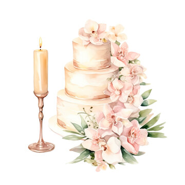 wedding classic cake decorated with flowers in watercolor style
