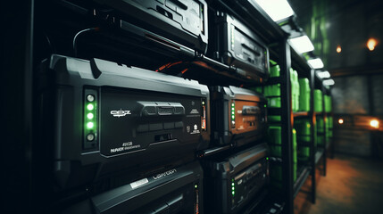 server computer room, collection of stacked black towers with green lights in data center