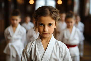Portrait of a child in a kimono in the hall against the background of other children, taekwondo...